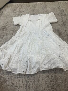 Olivaceous White Eyelet Tiered Tie-Neck Dress